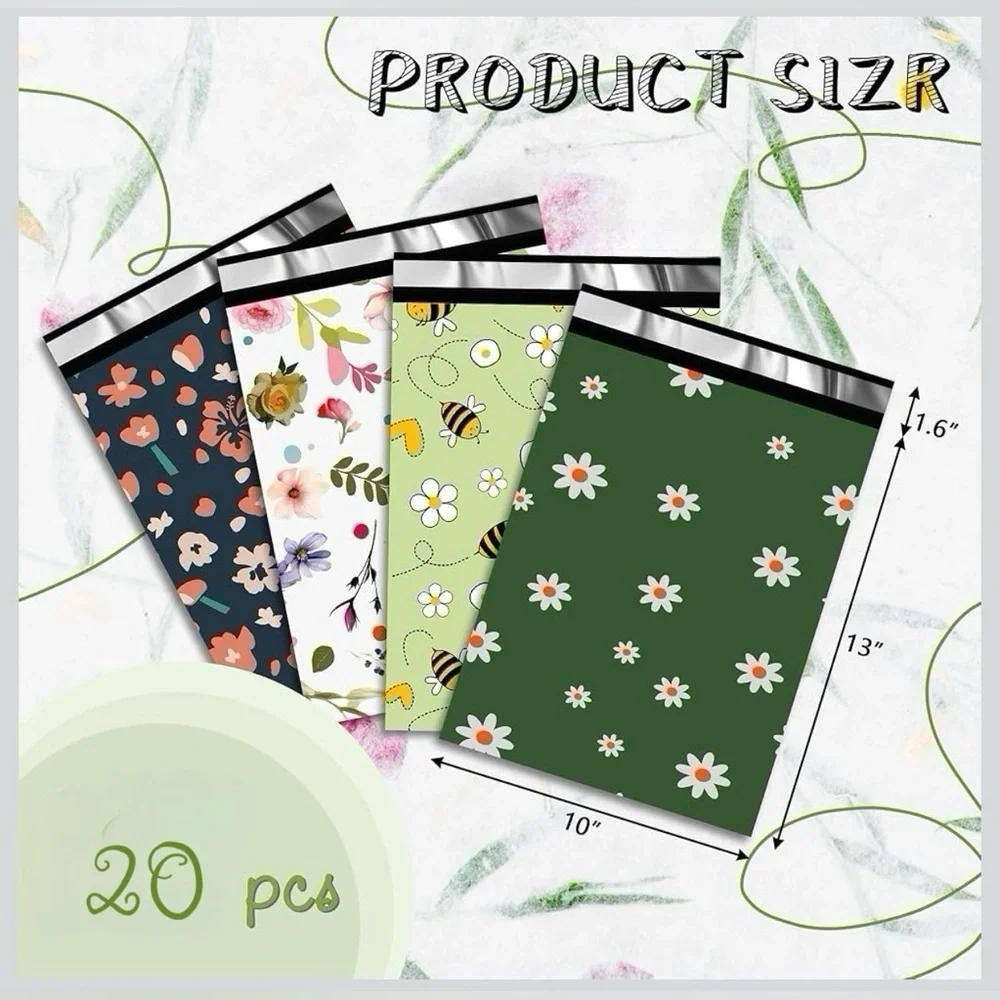 Floral Bee Poly Mailers 10x13 Set of 20 Waterproof Self Seal Shipping Bags